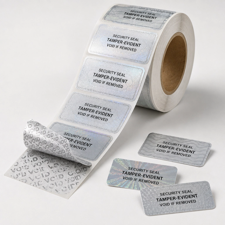Roll of silver tamper-evident VOID security labels showing 'VOID' pattern upon removal