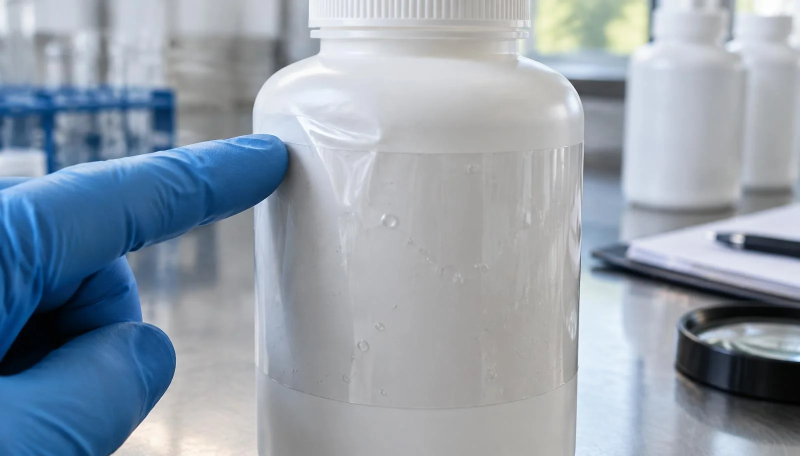Gloved finger pointing at air bubbles and a wrinkle under a clear label on a white HDPE bottle