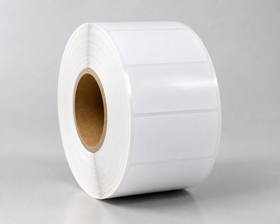 Roll of white PE film label material with die-cut rectangular labels