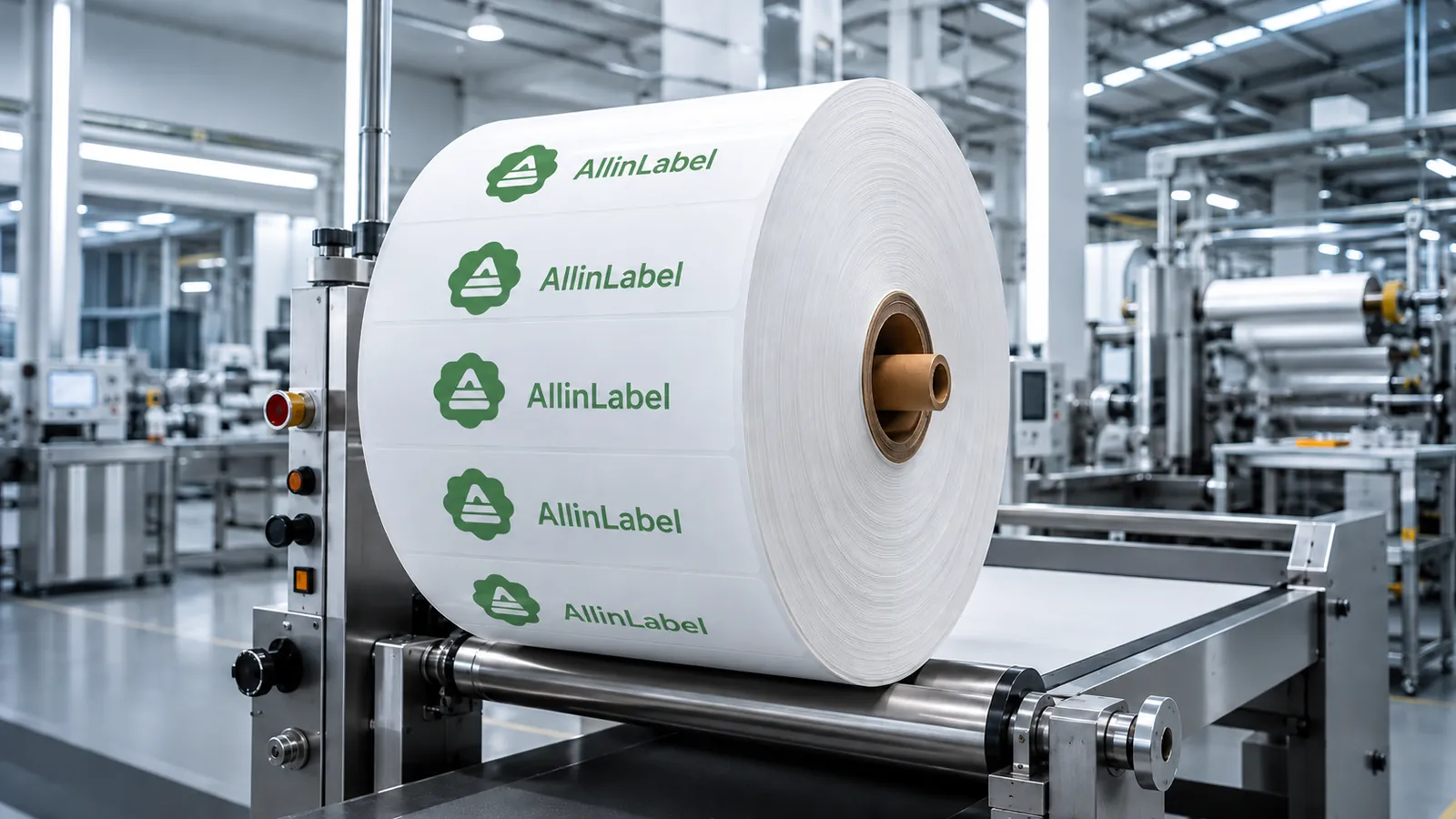 Branded AllinLabel self-adhesive label stock jumbo roll on a factory slitting line