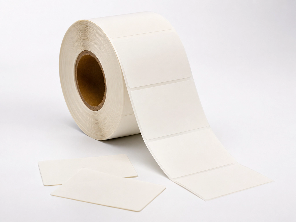 Roll of white thermal eco label material with die-cut rectangular labels unspooled