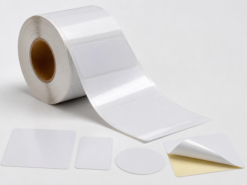 PET film label stock roll on a slitting machine at the AllinLabel factory