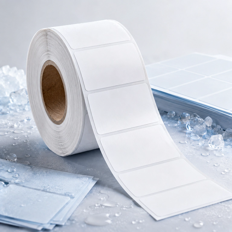 Roll of white freezer-grade label material surrounded by ice crystals, suitable for cold-chain and frozen storage applications