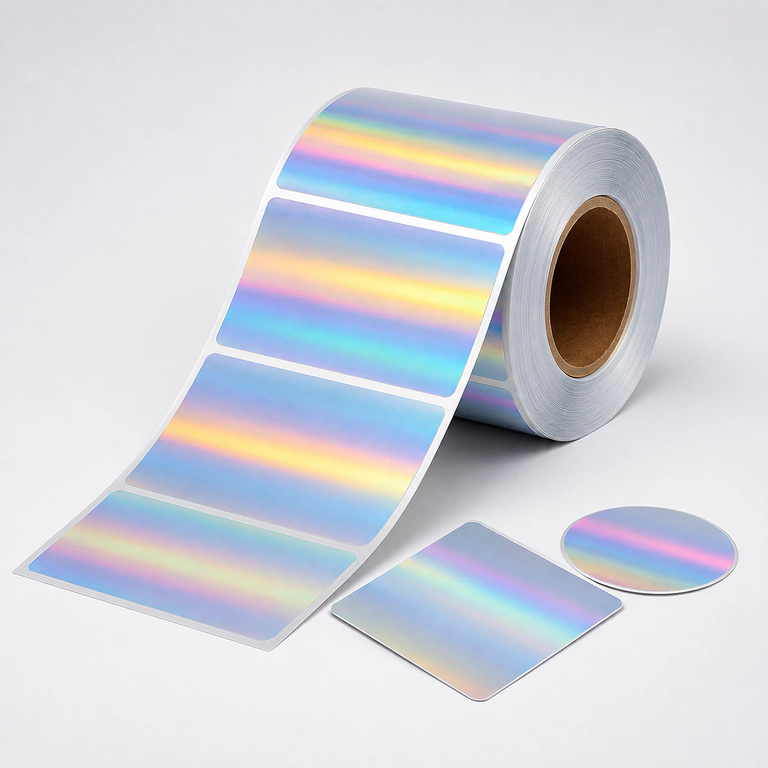 Roll of rainbow holographic label material with iridescent rectangular and round die-cut samples