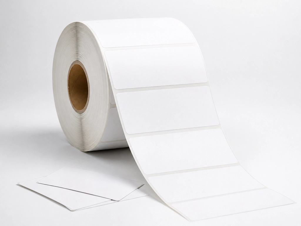 Roll of white direct thermal label material with printed labels unspooled