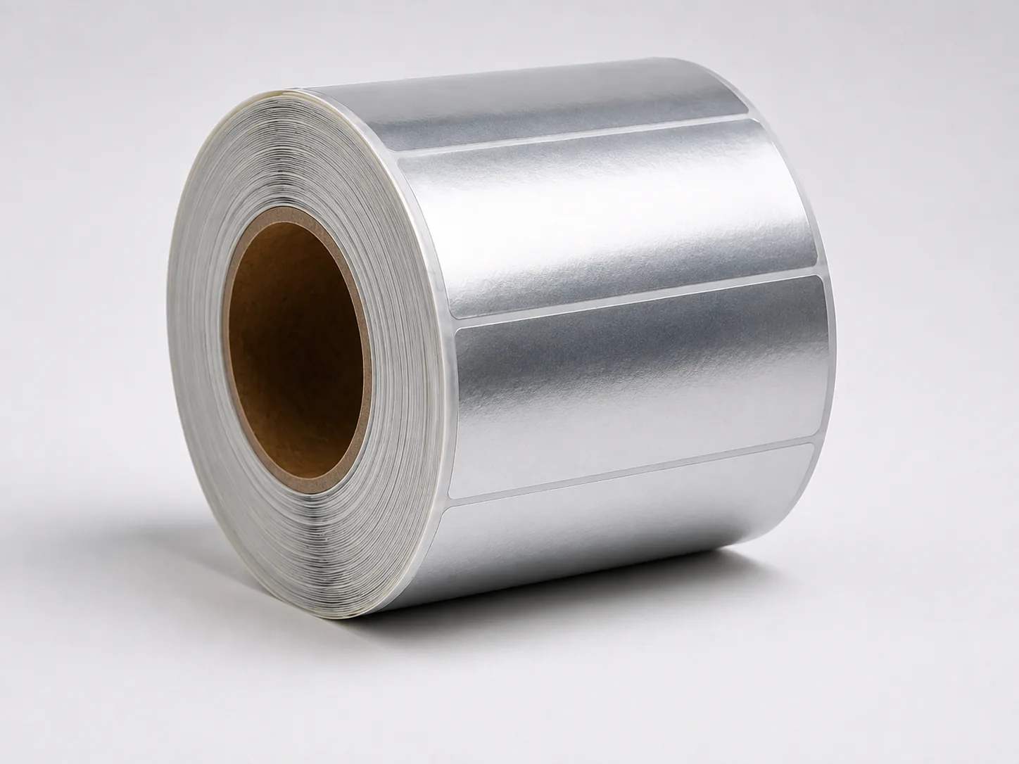 Roll of silver metallized BOPP film label material with bright metallic die-cut labels