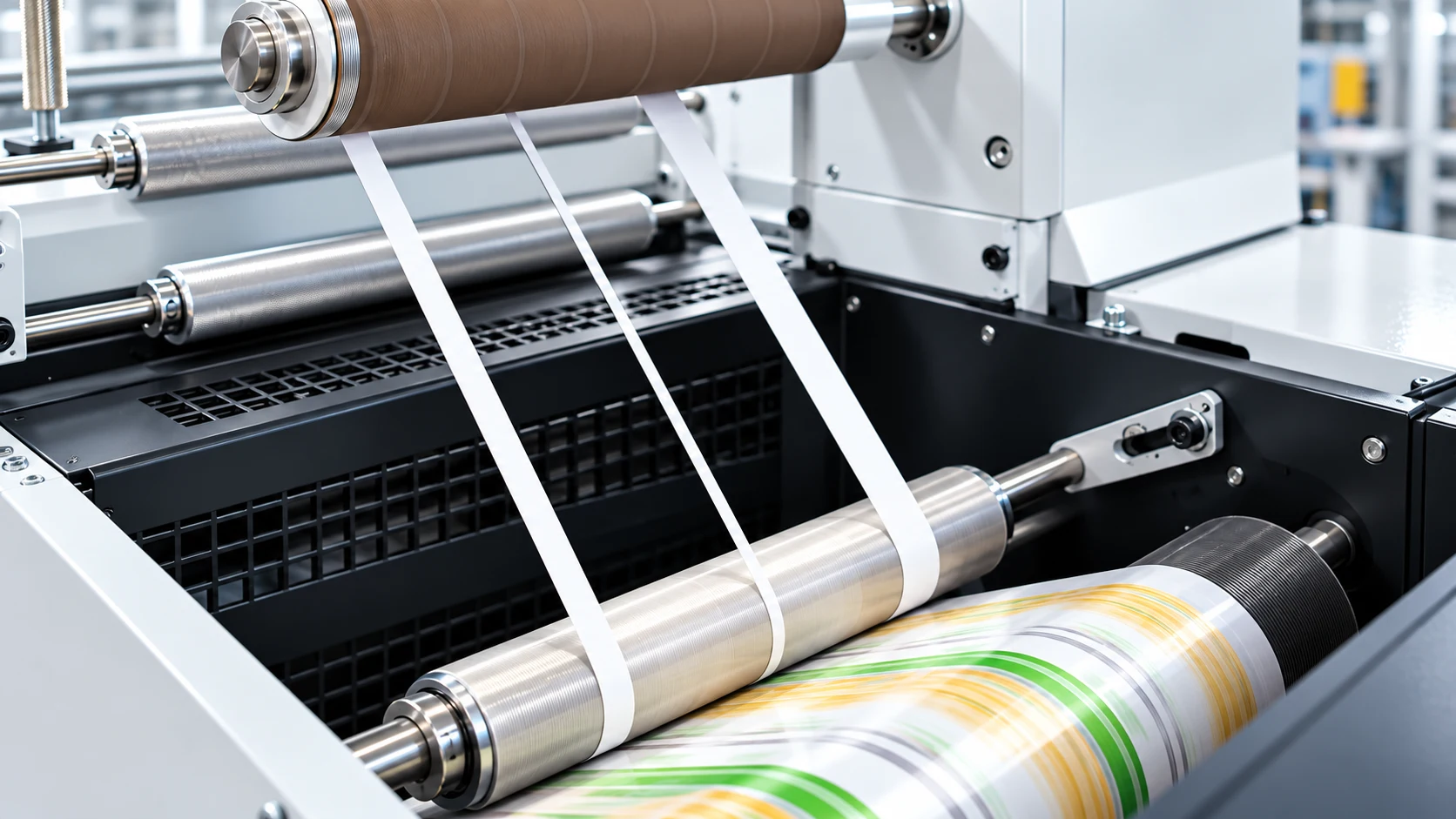 Matrix stripping rolls on a label converting line with waste matrix strips being removed