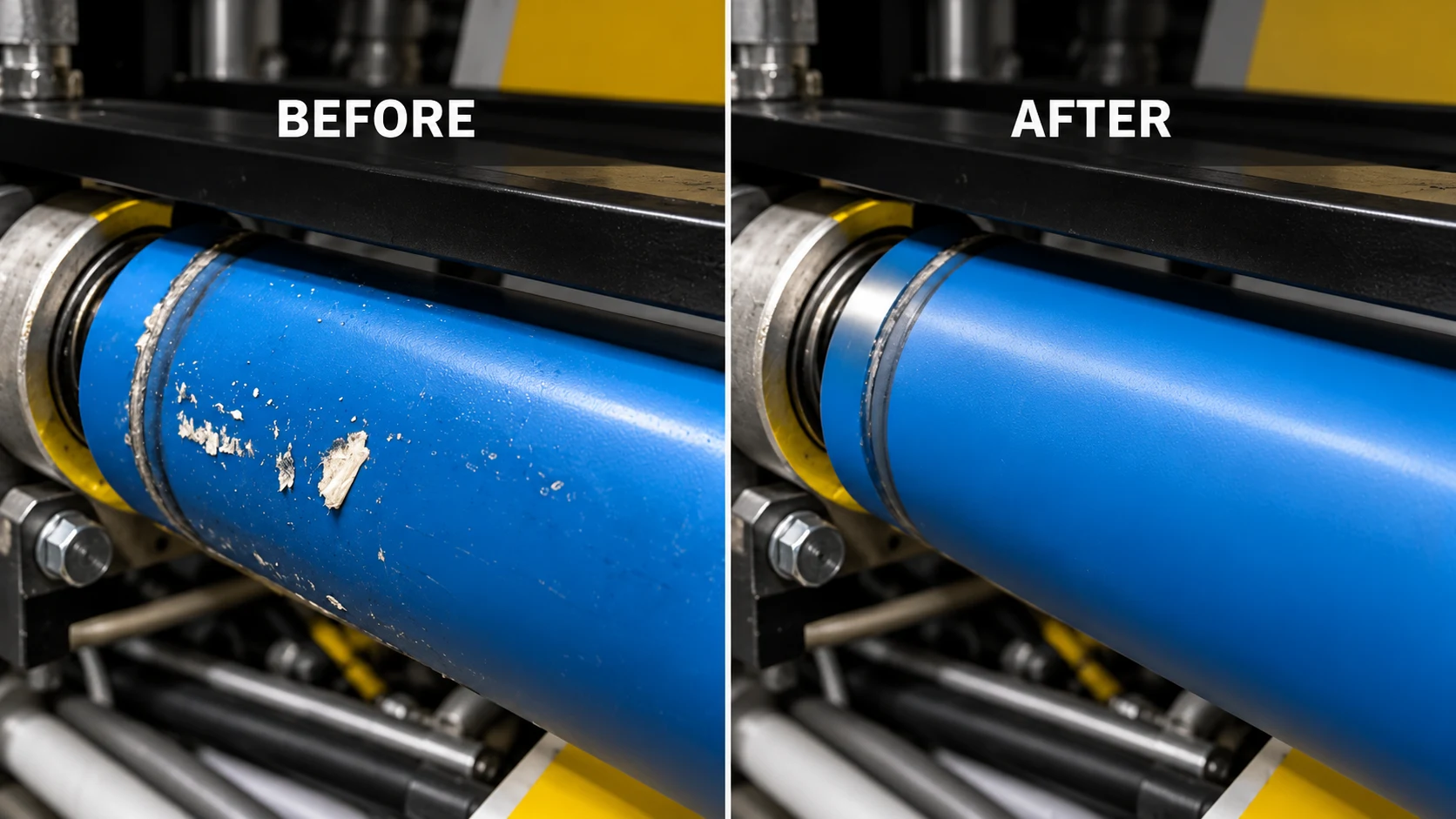 Before-and-after comparison of residue on a blue converting roller