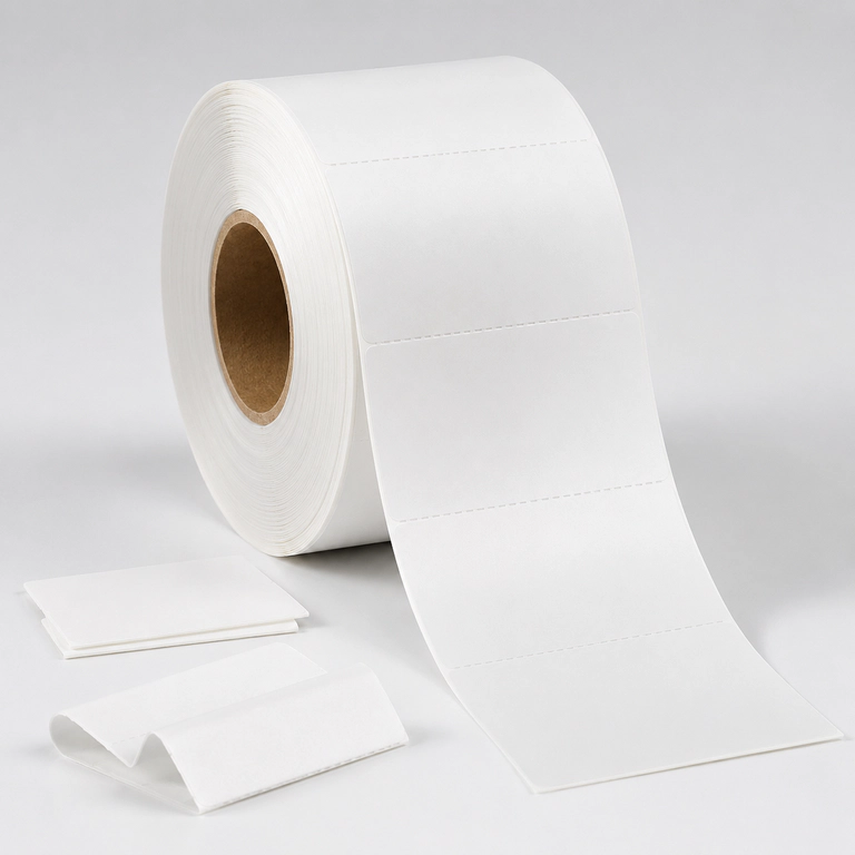 Roll of white linerless label material showing labels separated by perforations and stacked without a release liner