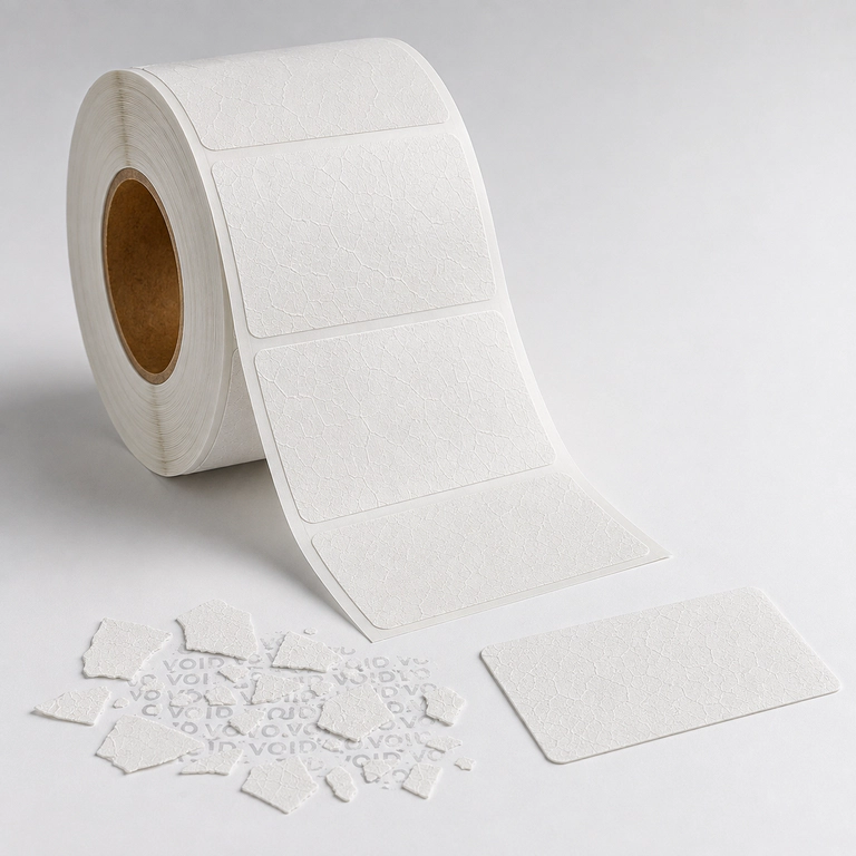 Roll of white destructible eggshell label material cracking into small fragments when peeled