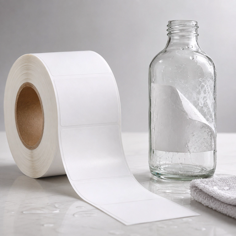 Wash-off label material sample on a PET bottle