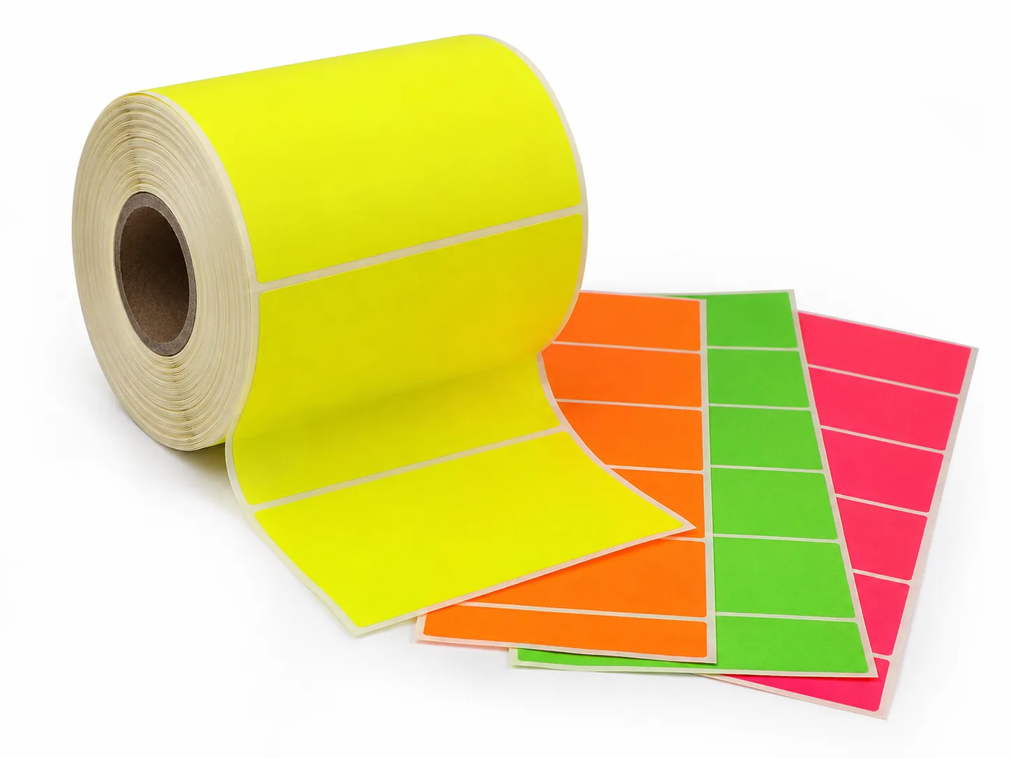 Roll of fluorescent yellow label paper with bright orange, green and pink die-cut labels