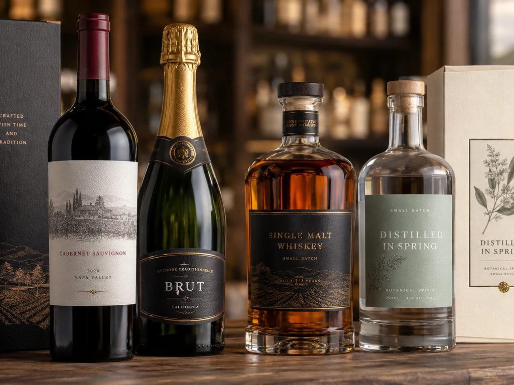 Wine and spirits bottles with textured paper labels