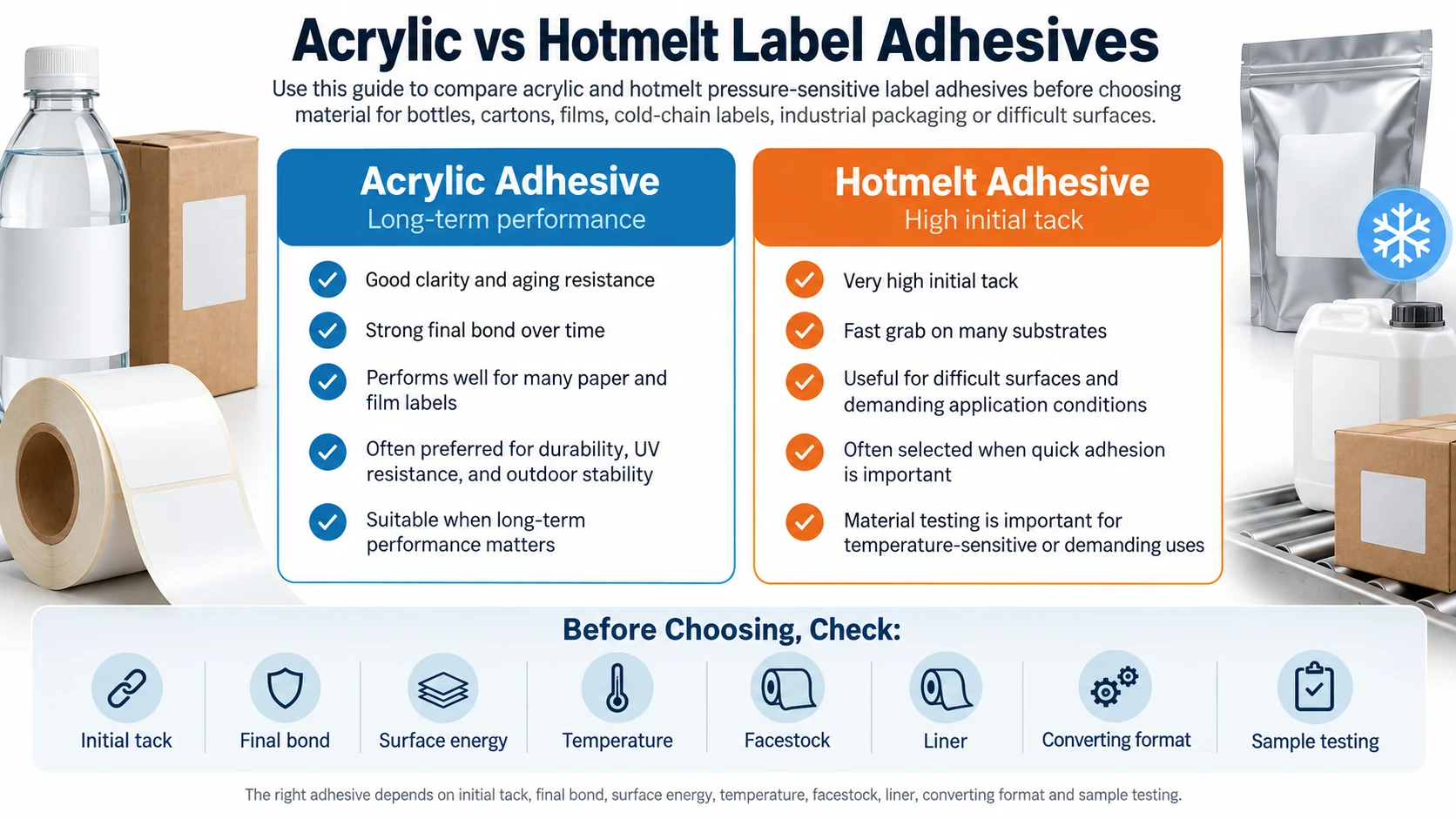 Side-by-side comparison of acrylic and hotmelt label adhesive samples