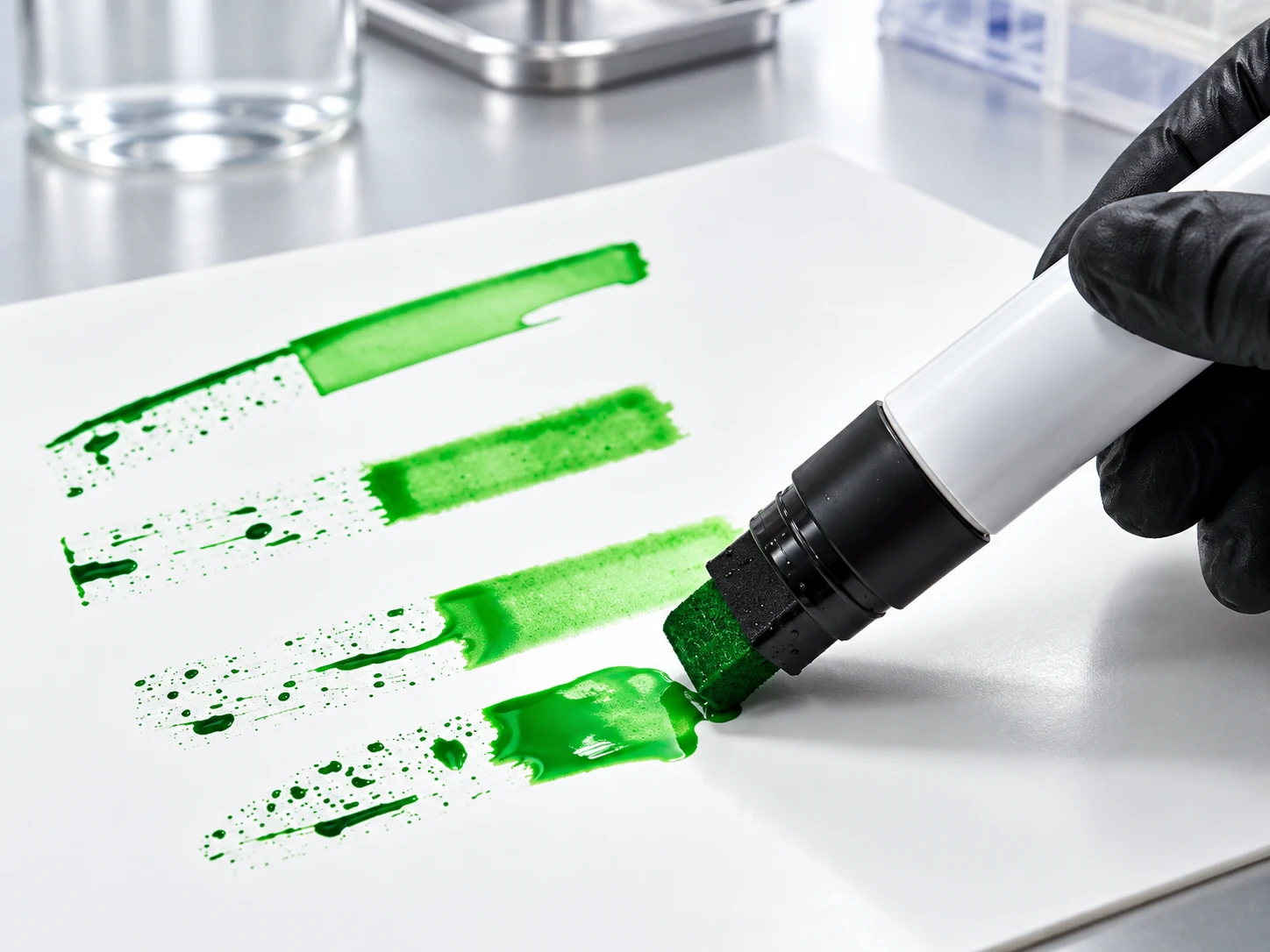 Green test strokes beading on white film during a surface wetting check