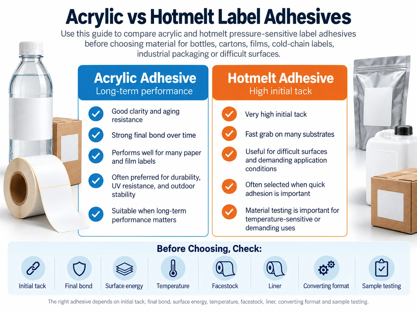 Acrylic and hotmelt label adhesive selection guide comparing tack, final bond and temperature