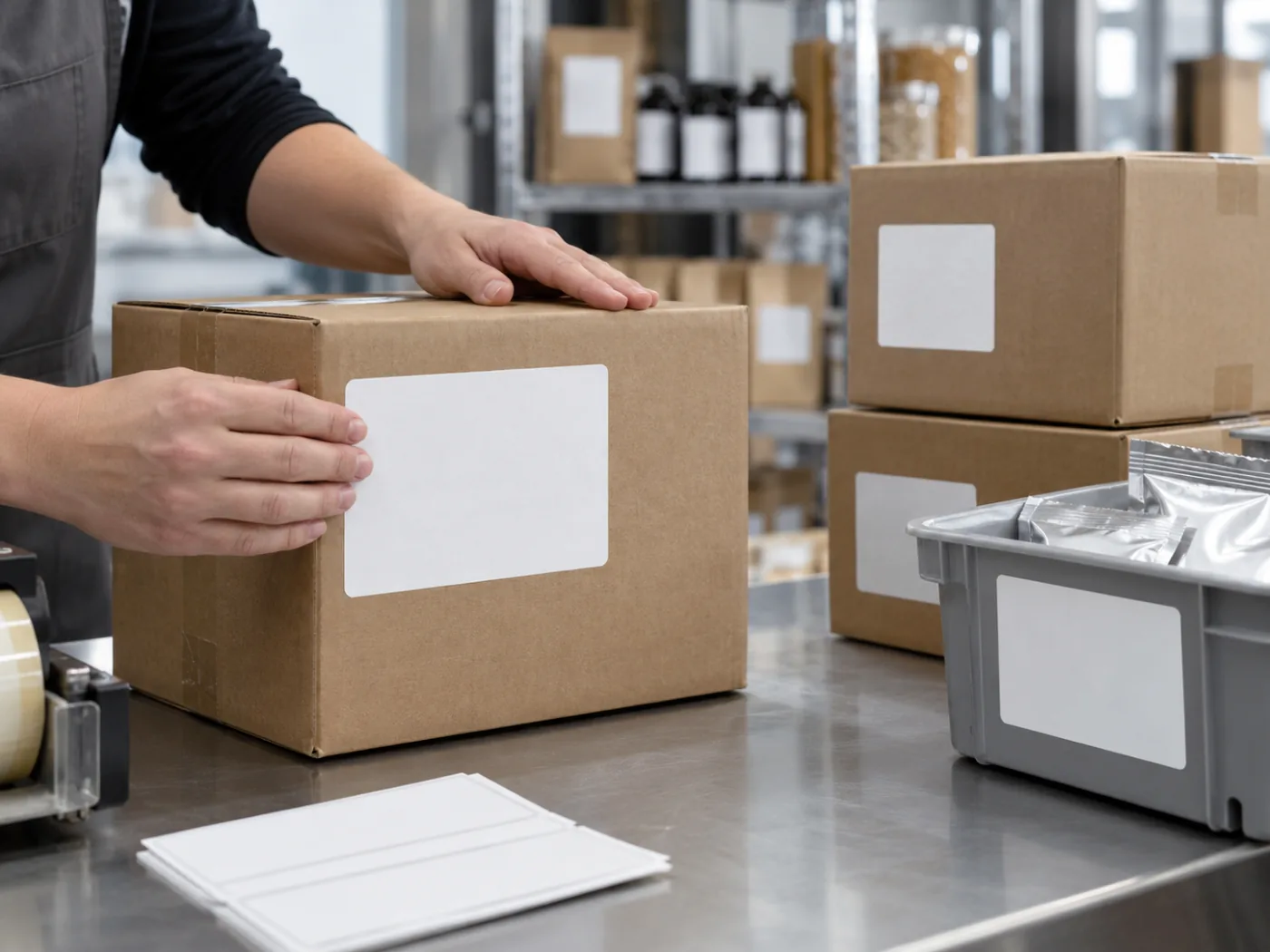 Blank white film labels being applied to cartons and reusable logistics bins