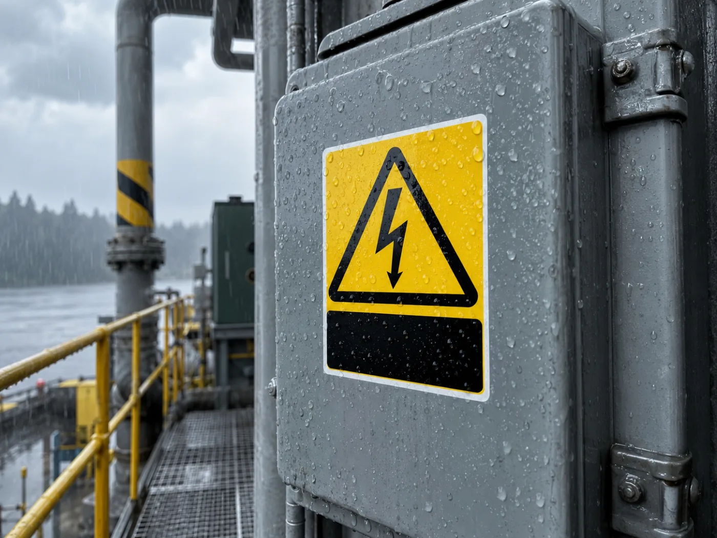 Weather-resistant film safety label on outdoor electrical equipment in heavy rain