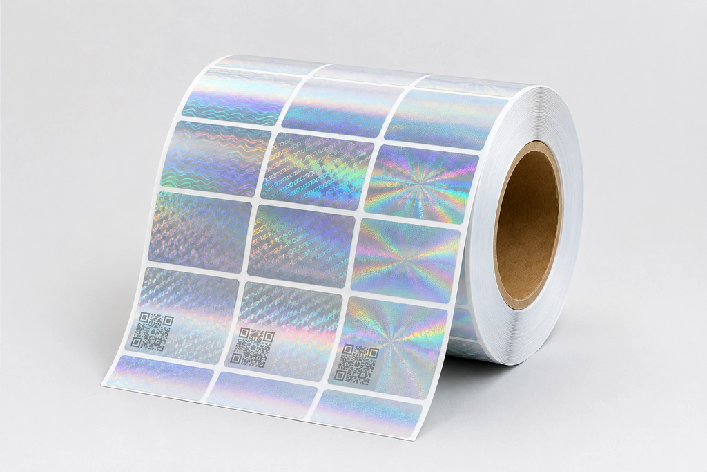 Roll of anti-counterfeit holographic label material with QR codes and varied security patterns