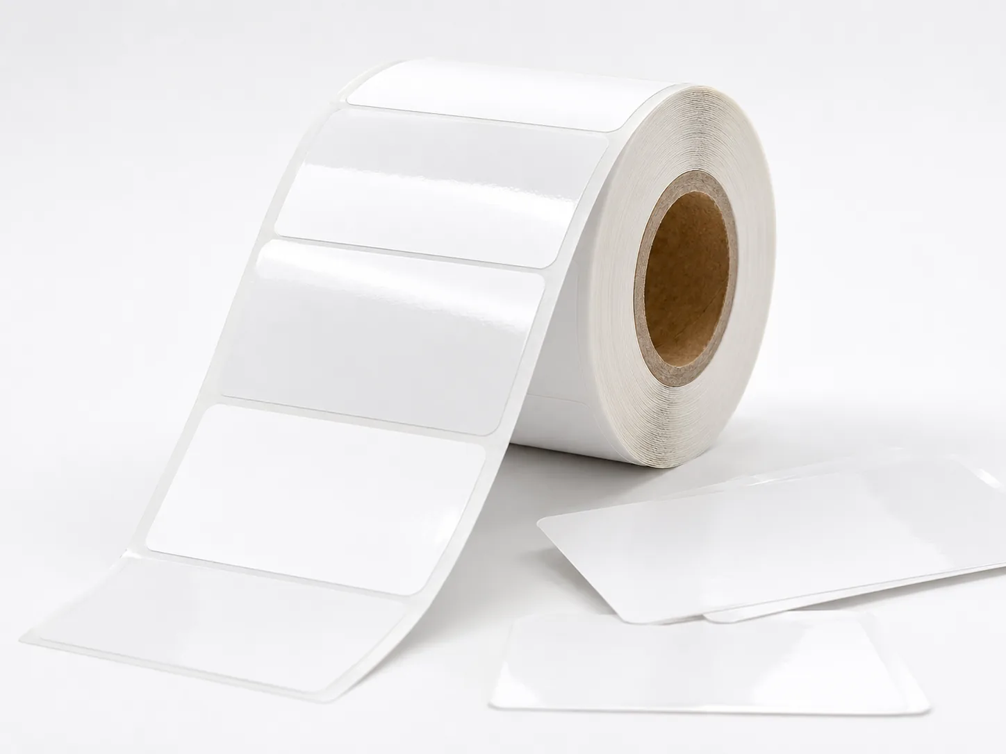 Roll of high-gloss cast-coated paper labels with blank rectangular die-cut labels