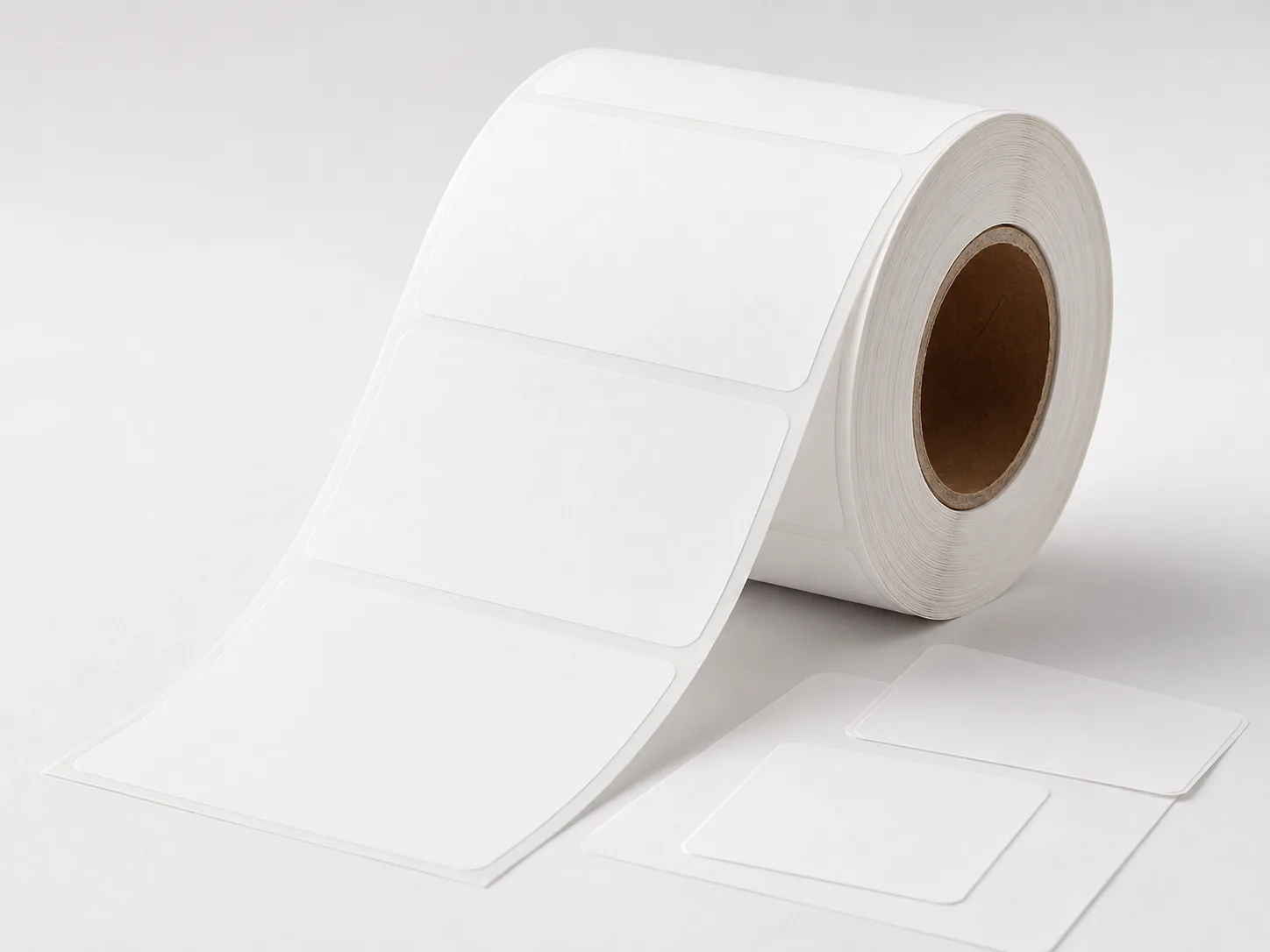 Roll of matte woodfree label paper with blank rectangular die-cut labels