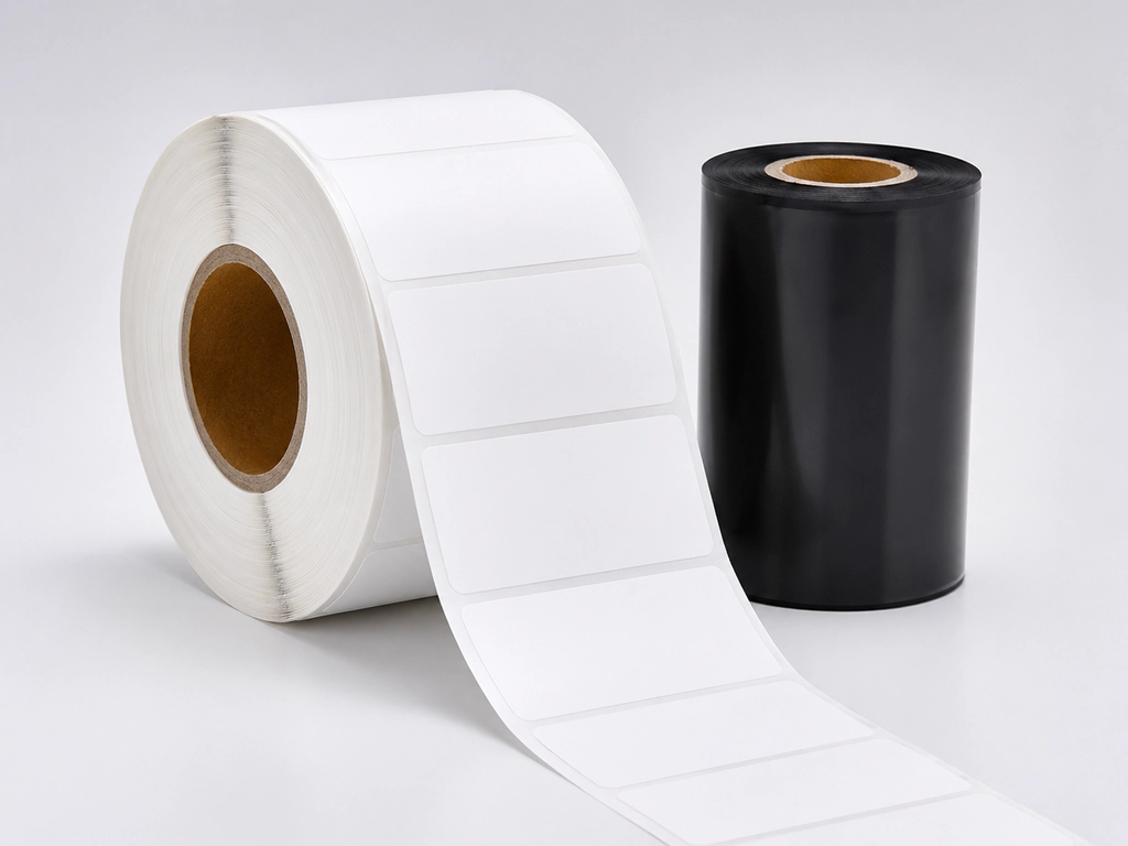 Roll of white thermal transfer label material with a black resin ribbon