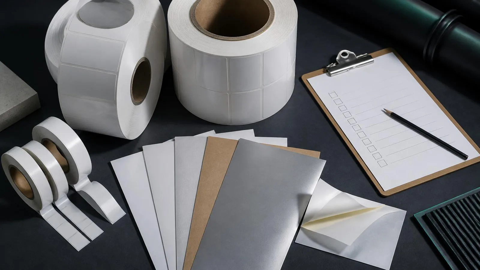 Label material sample request with A4 swatches, sample rolls and buyer checklist