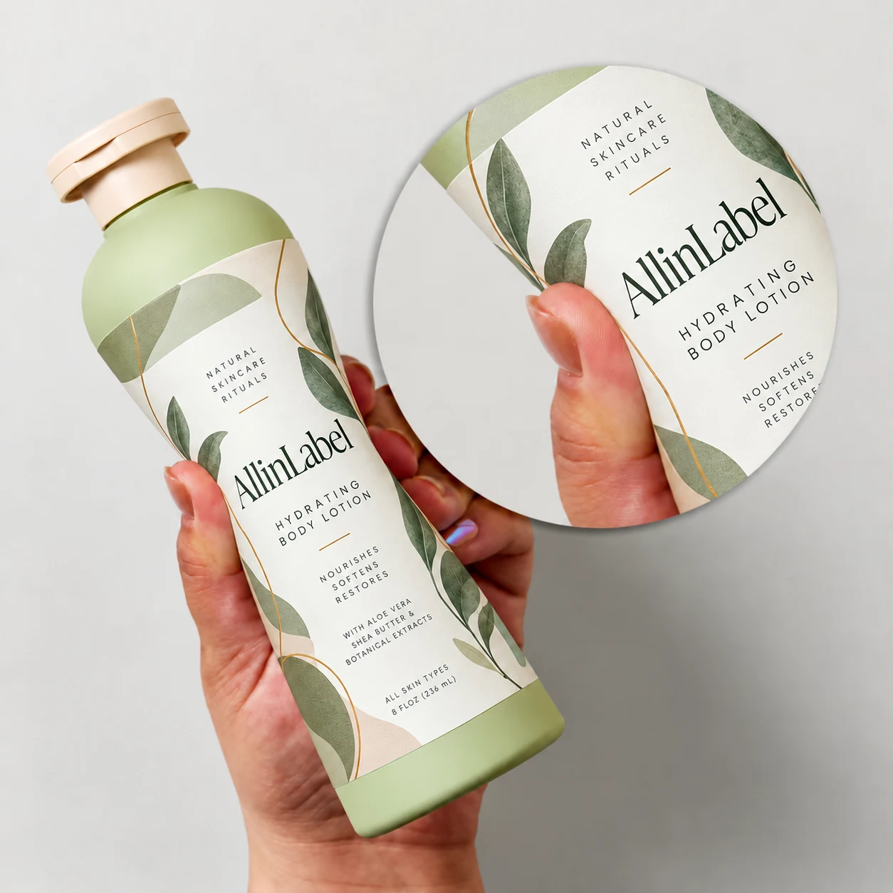 Hand holding a squeezable body-lotion bottle with an AllinLabel PE film label that conforms while the container is gripped