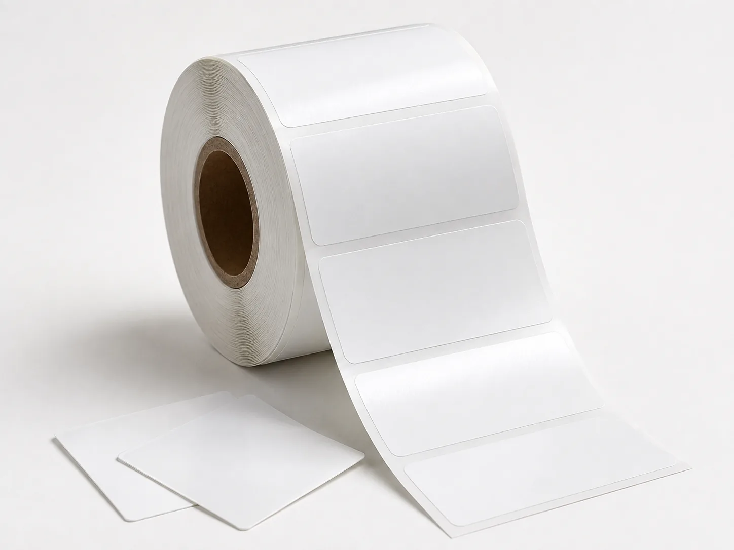 Roll of semi-gloss coated paper labels with blank rectangular die-cut labels