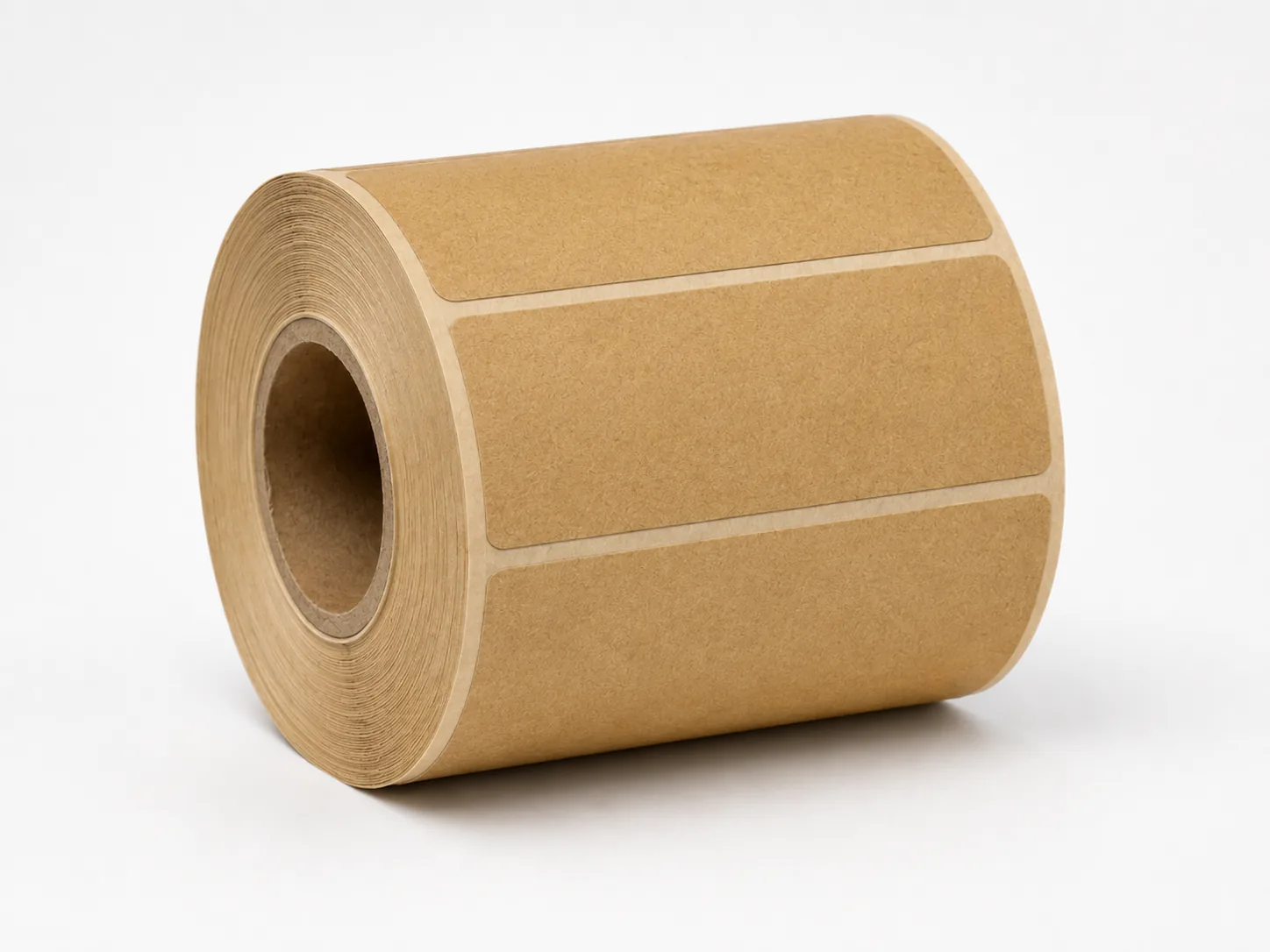 Roll of natural brown kraft label paper with blank rectangular die-cut labels