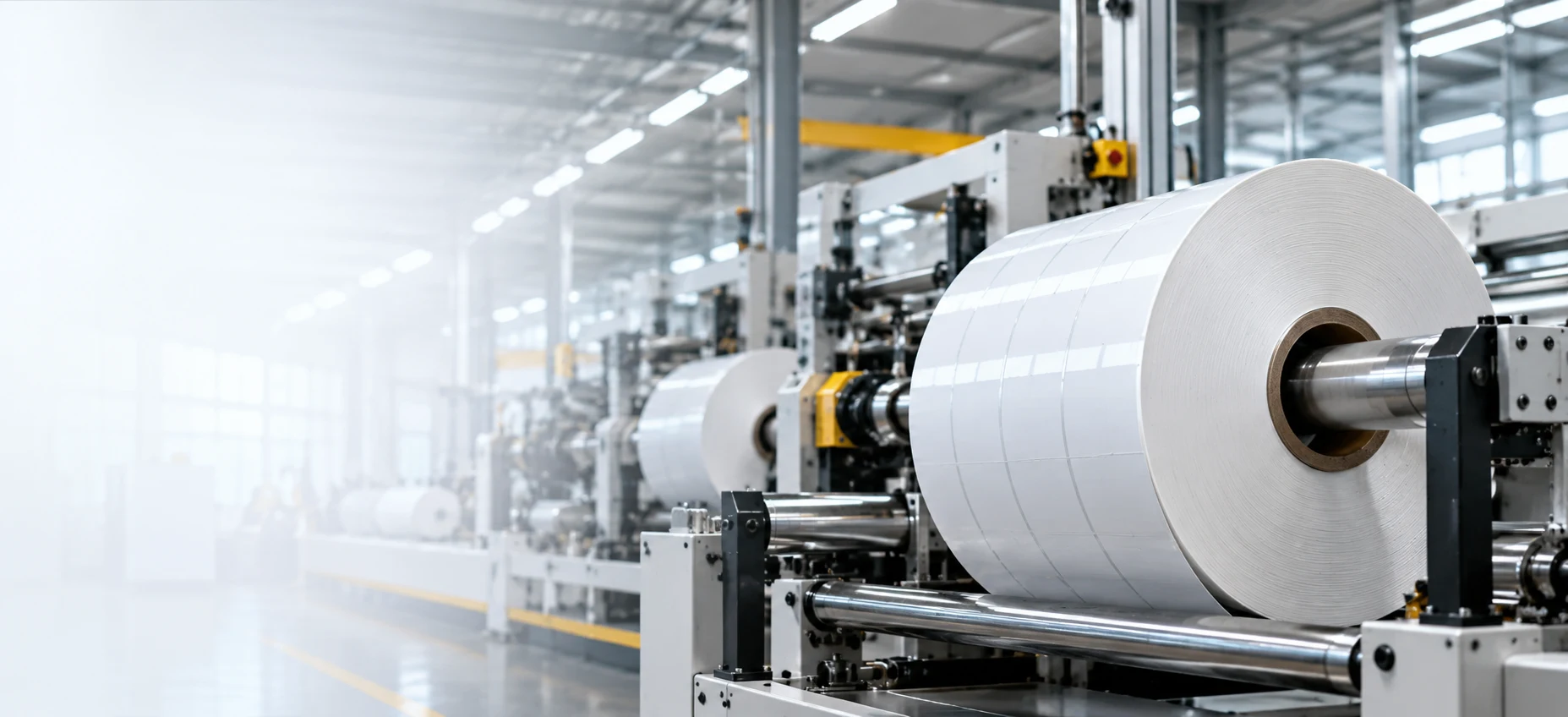 White self-adhesive label stock jumbo roll mounted on a converting machine in the AllinLabel factory
