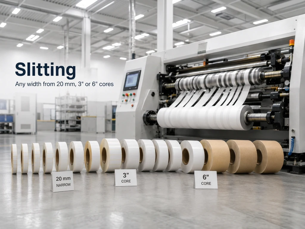 Slitting line with finished label rolls arranged by 20 mm narrow, 3 inch and 6 inch core sizes