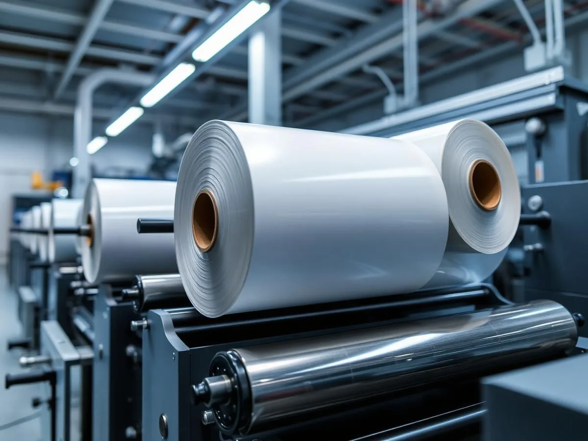 BOPP and PET film label material rolls on a slitting machine