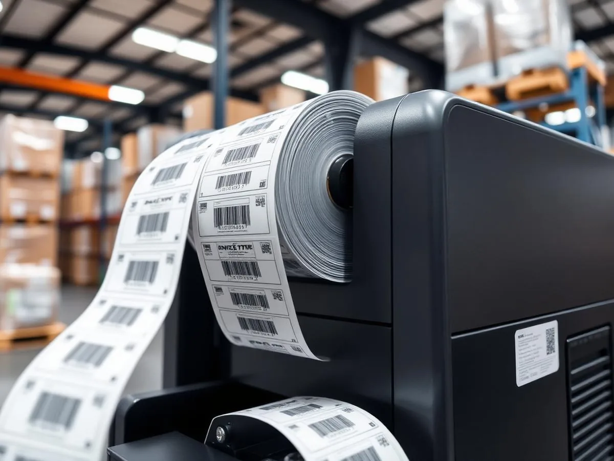Direct thermal and thermal transfer label rolls beside a barcode printer