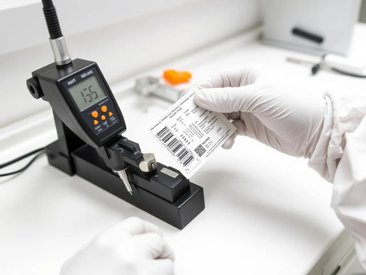 Technician measuring adhesive peel strength of a label sample with a force gauge