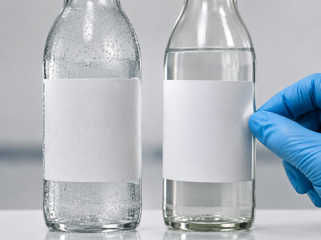 Condensation and edge-lift check on a chilled glass bottle label trial