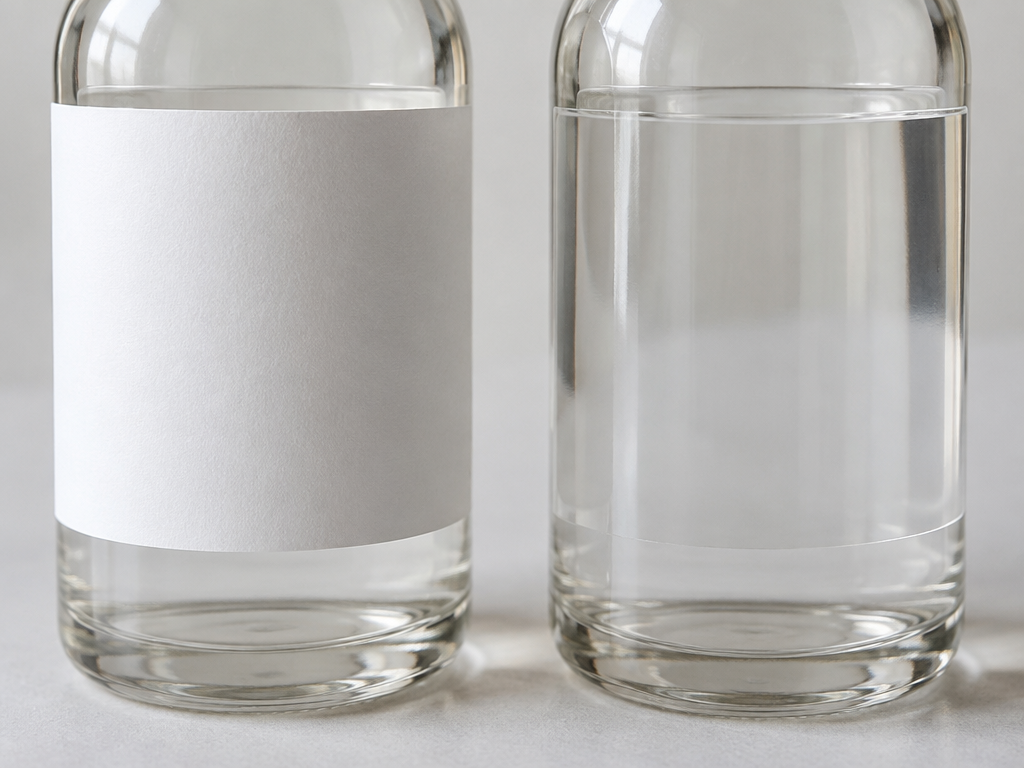 Clear BOPP and coated paper label materials compared on smooth glass containers