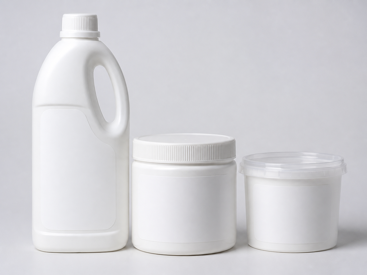White and clear pressure-sensitive labels applied to HDPE bottles and PP containers