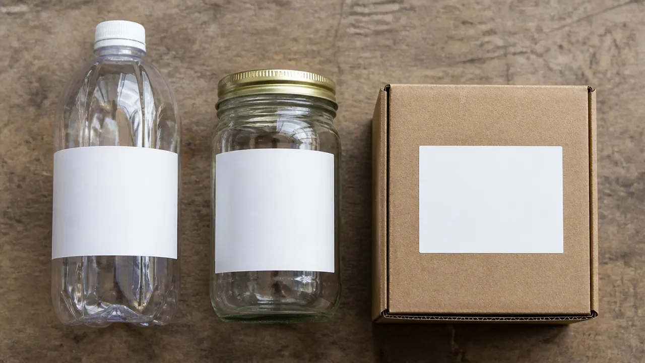 Blank labels applied to a clear plastic bottle, a glass jar and a recycled corrugated box for adhesion comparison
