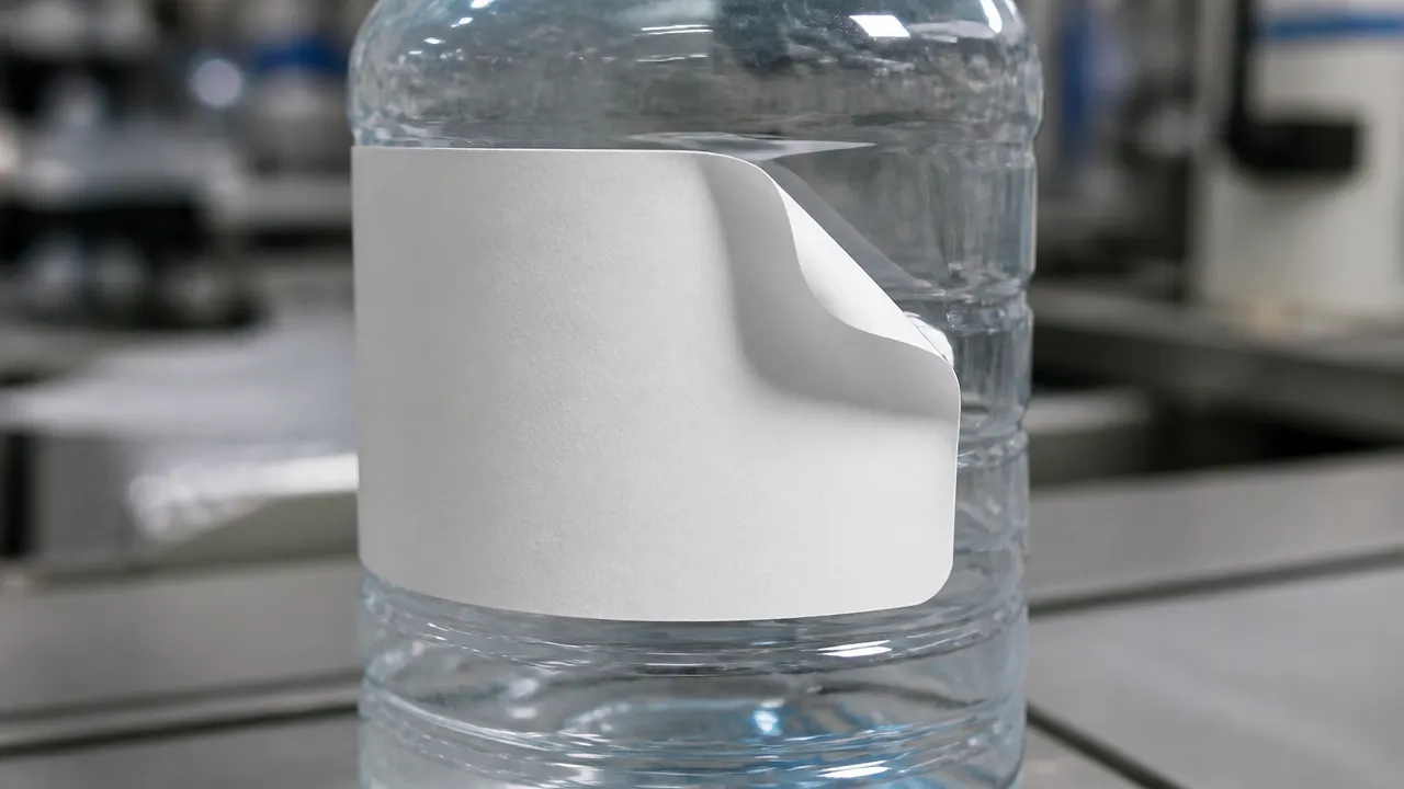 Blank white pressure-sensitive label lifting at the corner on a clear plastic bottle