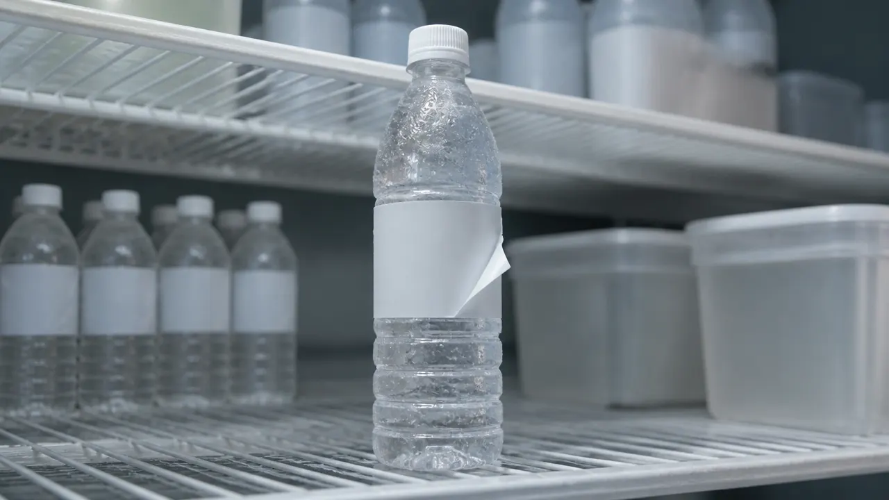 Chilled plastic bottle covered in condensation with a blank label lifting at the edge in cold storage