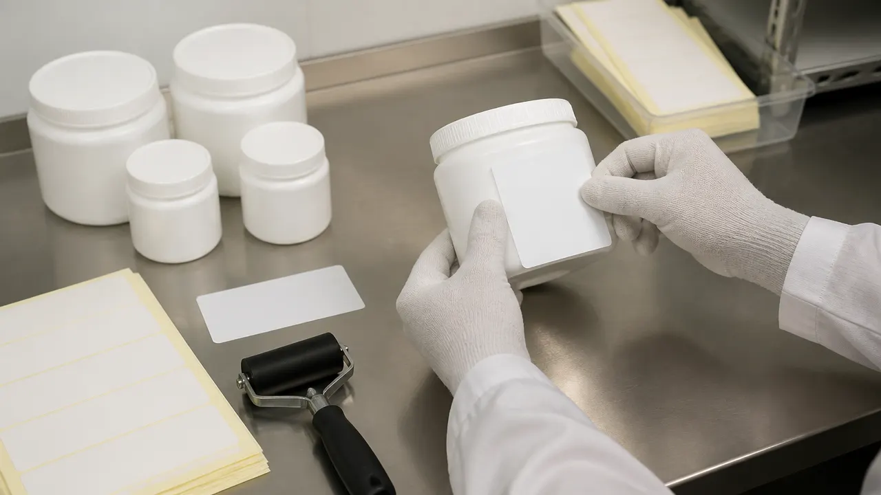 Operator applying blank label samples to plastic containers with a hand roller on a test bench