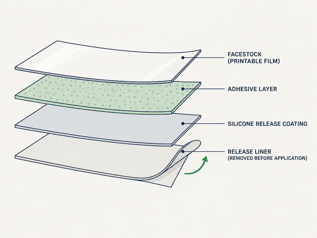 Facestock, adhesive, silicone release coating and release liner before application