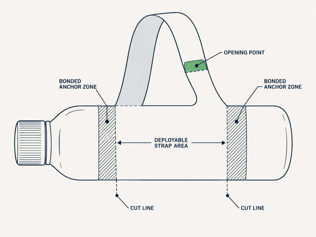 Illustration of bonded anchor zones and a deployable strap area